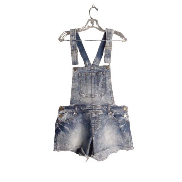 Fire Los Angeles Stone Wash Denim Bib Overall Shorts Womens Size Small Raw Hem - Picture 1 of 8